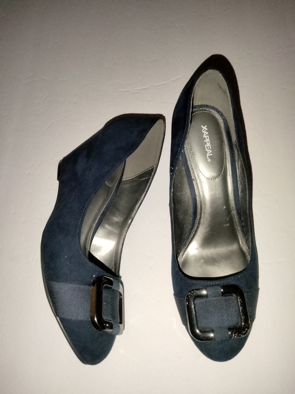 Xappeal (Size 8) Navy Blue Faux Suede Accent Buckle Classic Slip-on Wedge Heels - Picture 3 of 7
